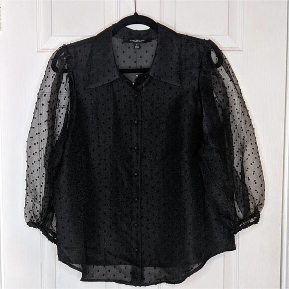 Marc New York Andrew Marc Organza Black Swiss Polka Dot Sheer Button Blouse M - Picture 1 of 15